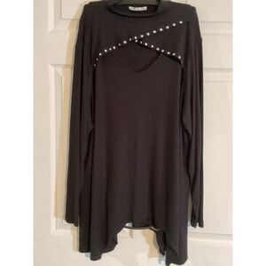 Rio & Rian Black Ribbed Studded Cutout Mock Neck Tunic Top 2X Long Sleeve‎